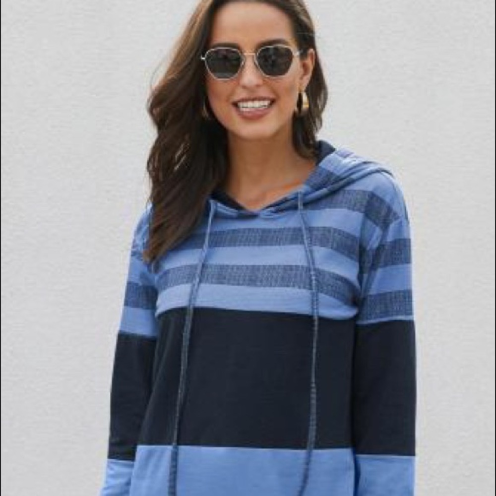 Sky Blue Speak to Me Color Block Drawstring Hoodie